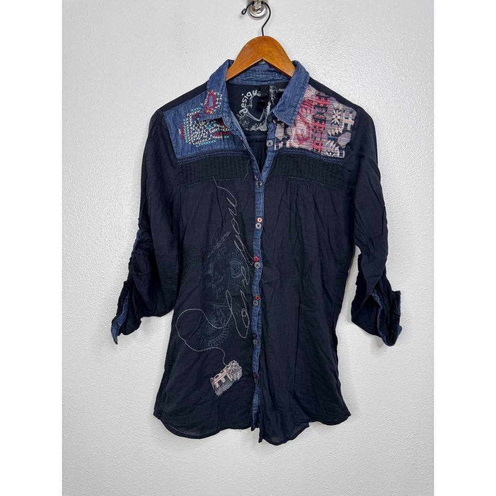 Desigual Womens Patchwork Denim Trim Button Down Shirt Black Embroidered Boho L